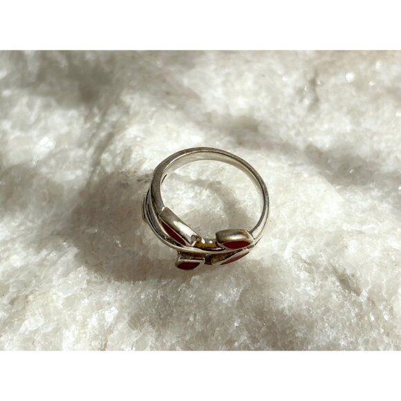 Olive Branch Natural Coral Accented Wrap 925 Sterling Silver Vintage Ring - sz 6 - Picture 9 of 13